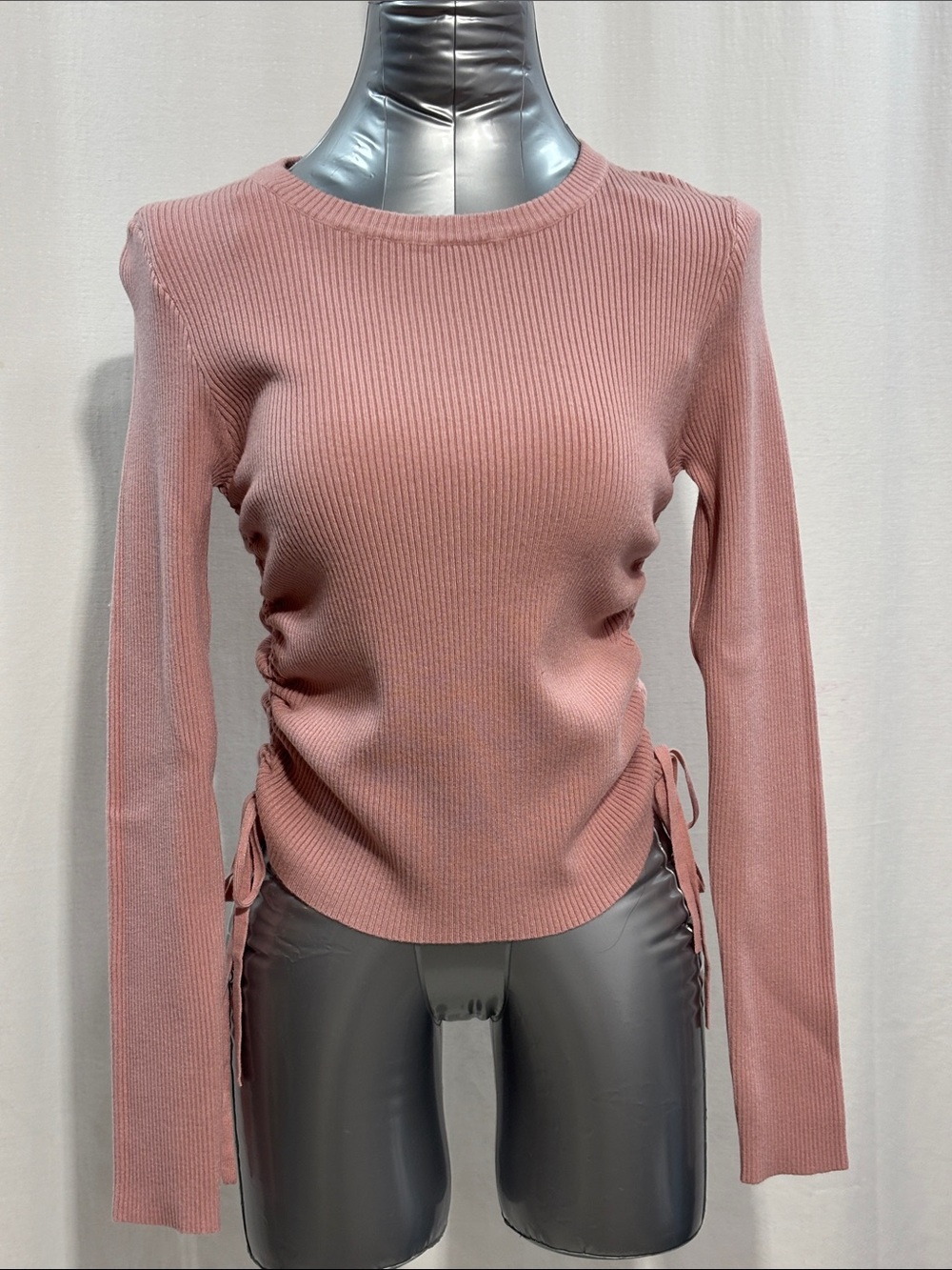Side Tie Ribbed Long Sleeve Top Pink Med 346 stretch every day work casual chic